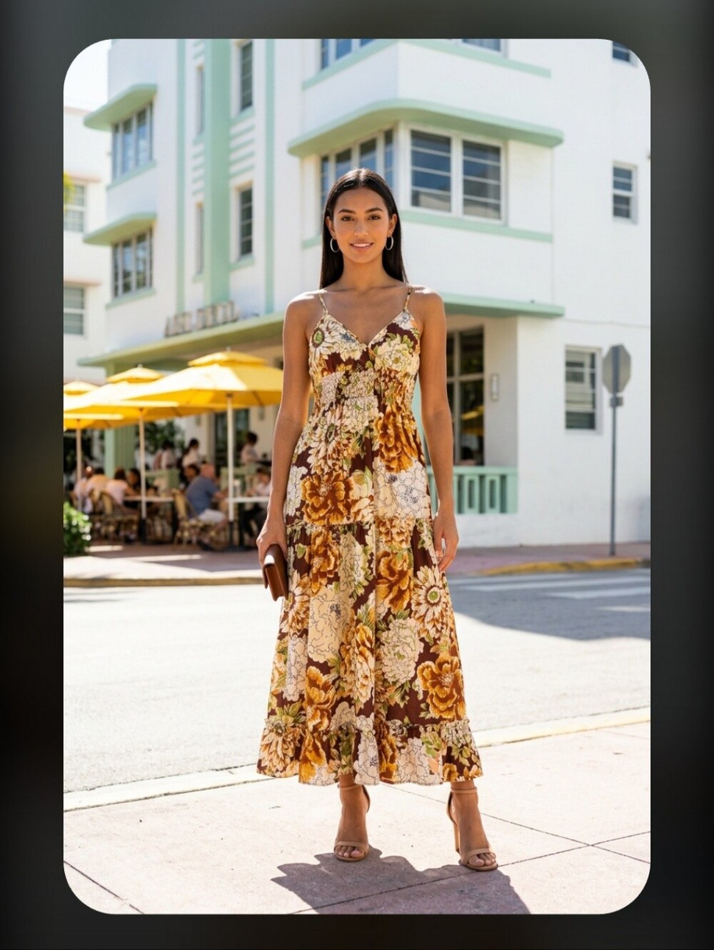 Speed Control Floral Spaghetti-Strap Maxi Dress in Brown and Cream Size M